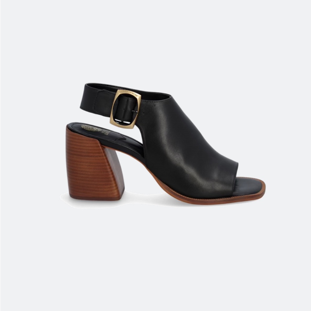 Vince Camuto Black Leather Open-Toe Heels Preena Leather Heel - Picture 2 of 9